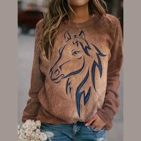 Women's Rustic Western Horse Brown Long Sleeve Crewneck Lightweight Sweater - Picture 1 of 6